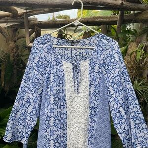 Zac & Rachel Blue & White Boho Peasant Blouse - Size L